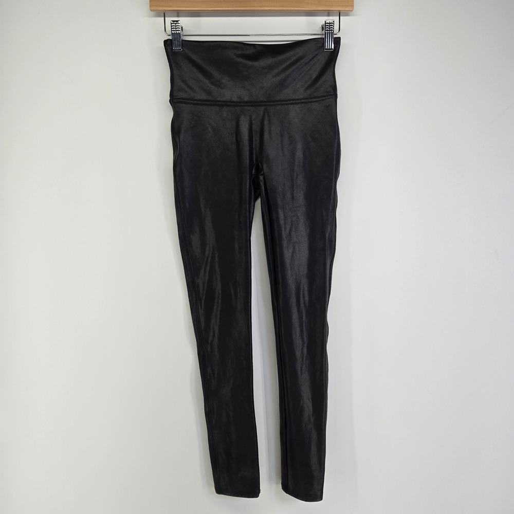 Spanx Faux Leather Leggings Women Small Petite Black High Waist Tummy Control